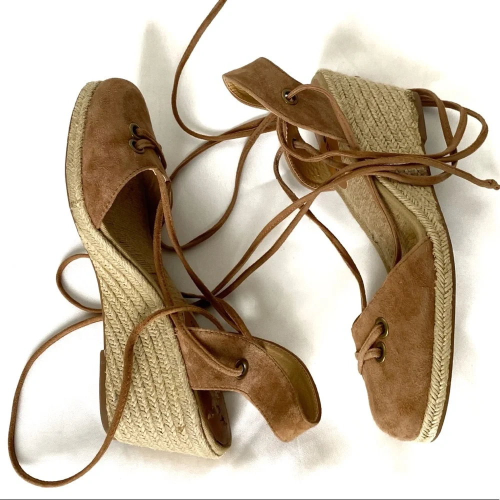 LUCKY BRAND KELLER Suede Platform Wedge Gladiator Lace Up Espadrille Tan Sandals